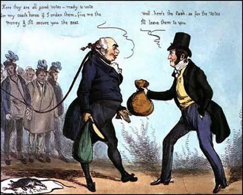 Buying votes at a rotten borough - a cartoon from the golden age of political satire