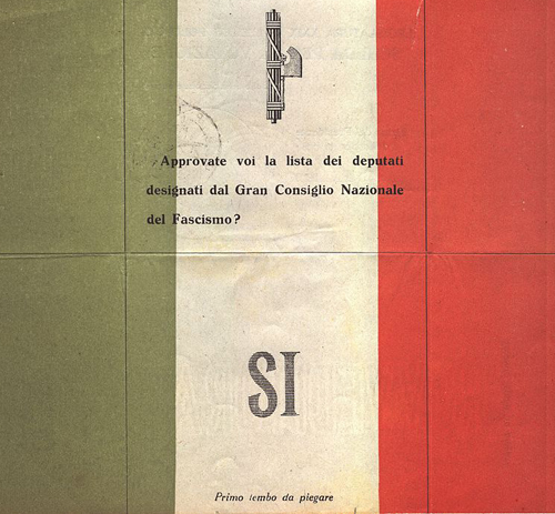 Fascist ballot paper, Legislatura XXIX, politic election, 25 marzo 1934, front side of the "Sì" (Yes) ballot paper. The "NO" ballot paper is similar but completely white (without the Italian flag colour), so the vote was not secret. You can read: "Do you agree with the list of deputies chosen by the Grand Council of Fascism?"  By Oggetto di mia (Accurimbono) proprietà. (Own work) [Public domain], via Wikimedia Commons