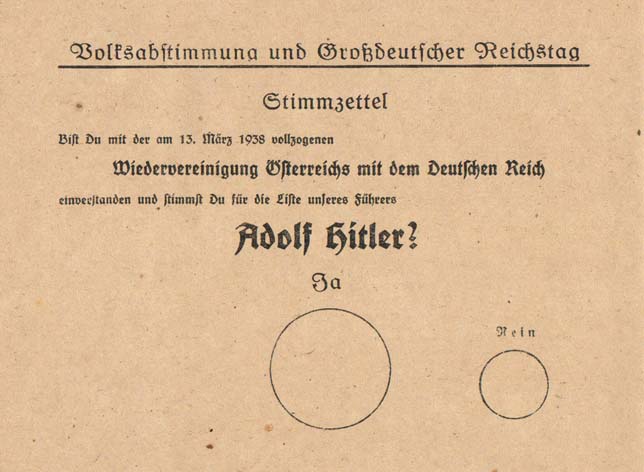 Ballot used for Austrian referendum, 1938 See page for author [Public domain], via Wikimedia Commons